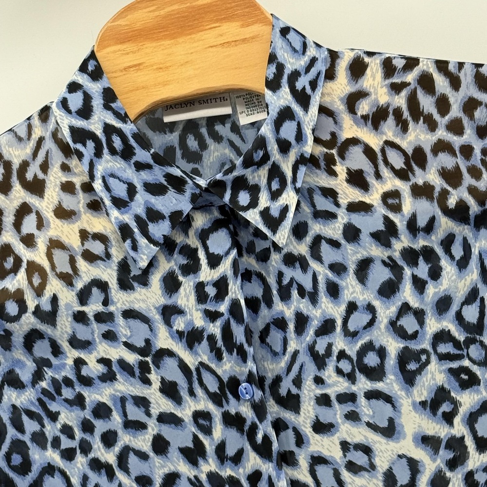 Retro Sheer Animal Print Blouse Shirt Womens 18W Blue Black Button Up Top‎ Party